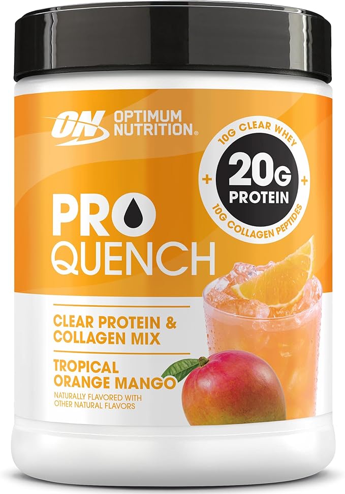 Optimum Nutrition Pro Quench 10g Clear Protein 10g Collagen peptides &amp Electrolyte Powder Drink Mix Tropical Orange Mango 20 Servings 520 Grams (Packaging May Vary)