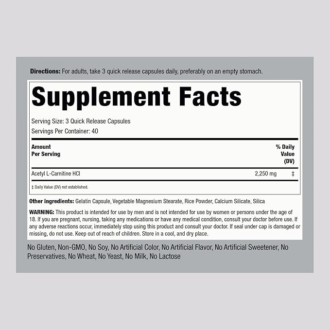 Piping Rock Acetyl L - Carnitine HCL | 2250mg | 120 Capsules | for Men and Women | Theraputic Supplement | Quick Release | Non-GMO Gluten Free