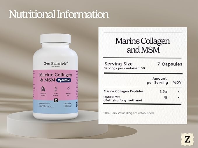 Zen Principle Marine Collagen Peptides Powder with OptiMSM® Supplement. Clinically Tested for Skin Support. Wild-Caught Fish Non-GMO. 210 Capsules.