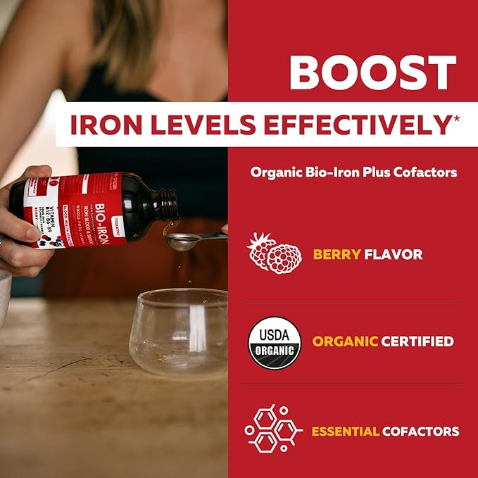 Liquid Iron Supplement | Organic Certified Berry Flavor - Whole Food Vitamin C Absorption Boost &amp Blood Building B Vitamins - Methyl B12 L-Methylfolate &amp B6 - Supports Healthy Iron Levels -
