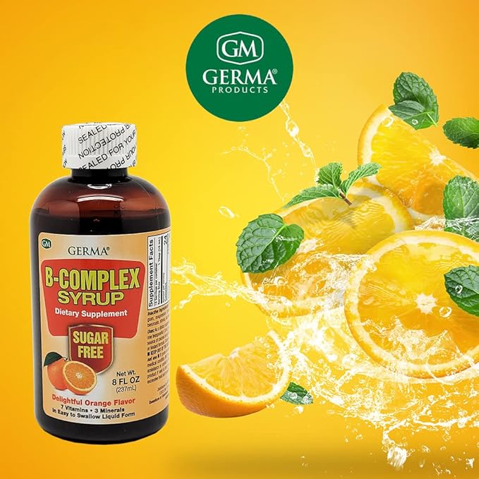 Germa B-Complex Syrup. Dietary Supplement. Bone Health Growth and Development Aid. Sugar Free. Orange Flavor. 8 oz. Pack of 6