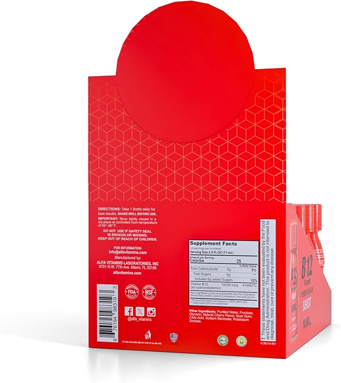 ALFA VITAMINS Vitamin B12 Energy Shot Natural Sugar Free Dietary Supplement Boosts Energy Supports Immune System Cherry Flavored Gluten Free 10000 mcg per Serving 2.0 oz Bottle 80 Pack
