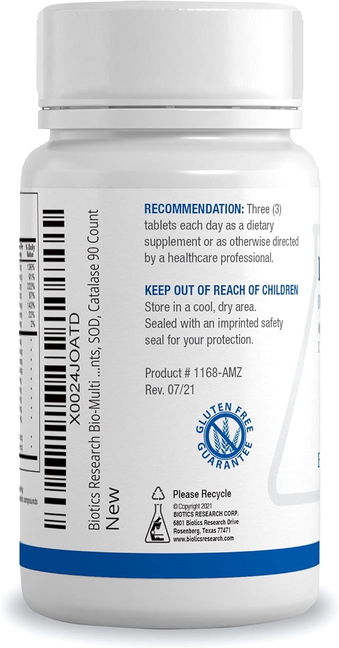Biotics Research Bio Multi Plus Iron Free Multivitamin Chelated Minerals Iron Free Emulsified Fat Soluble Vitamins High antioxidants SOD Catalase 90 Tablets
