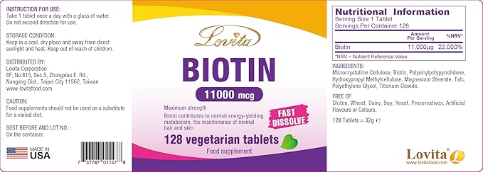 LOVITA Maximum Strength 11000mcg Biotin: Fast-Dissolving Vegetarian Tablets - Easily Absorbed Gluten &amp Dairy-Free 128 Vegan-Friendly Tablets (Pack of 3)