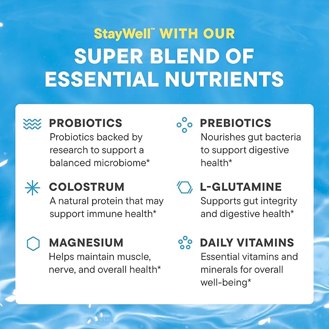 Daily Nouri StayWell Gut Health Drink Mix | Digestive &amp Immune Support Powder | Colostrum + L-Glutamine + Probiotics | Lemonade | 30 Stick Packs
