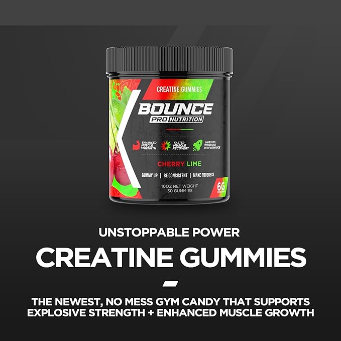 Bounce Pro Creatine Monohydrate Gummies for Men &amp Women Low Calorie 6G of Creatine per Serving Vegan Anti-Melting Gluten-Free Non-GMO 2g of Creatine per Gummy (30ct Cherry Lime)