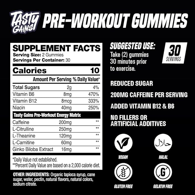 TASTY GAINS - Pre-Workout Gummies – Energy &amp Focus Boost Caffeine Gummies for Men &amp Women 200mg of Caffeine Fat-Burning Preworkout for Strength &amp Endurance (60 Pineapple Mango)