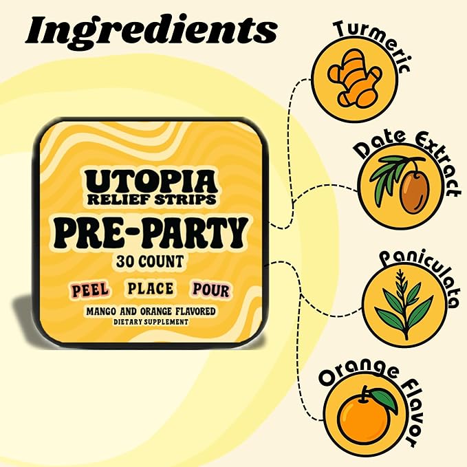 Pre Party Strips Before Beverage Supplement for Morning Support Travel Size - Fast-Acting Natural Orange Flavored Turmeric Curcumin 20 mg (30 Count)