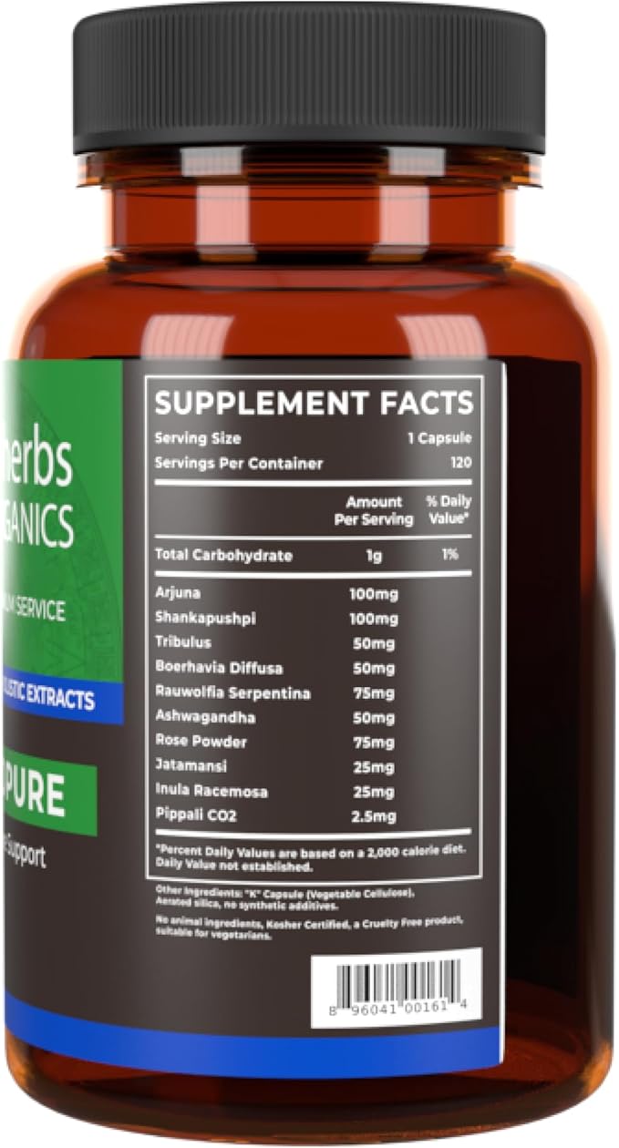 Tattva's Herbs Cardiopure Herbal Ayurvedic Supplement Ashwagandha Rauwolfia &amp Arjuna Full Spectrum Co2 Extracts Veggie Capsules 120 Count