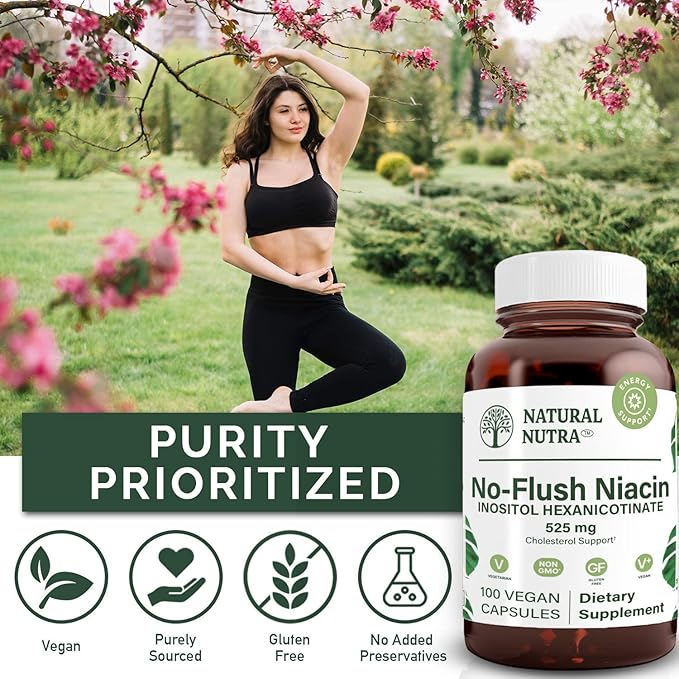 Natural Nutra No Flush Niacin Vitamin B3 Supplement Helps Improve Cardiovascular Health Helps Improve Skin Texture Promotes Better Brain Function Helps Boost Energy Level 525 mg 100 Capsules