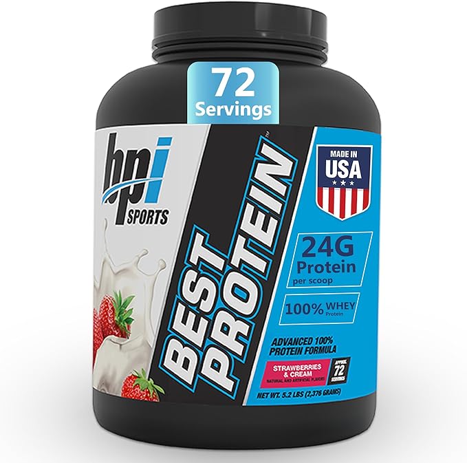 BPI Sports Best Protein – 100% Whey Protein Powder – Muscle Growth Recovery Meal Replacement – No Maltodextrin No Fillers Gluten Free – for Men &amp Women | Strawberries and Cream – 5.2 Pounds