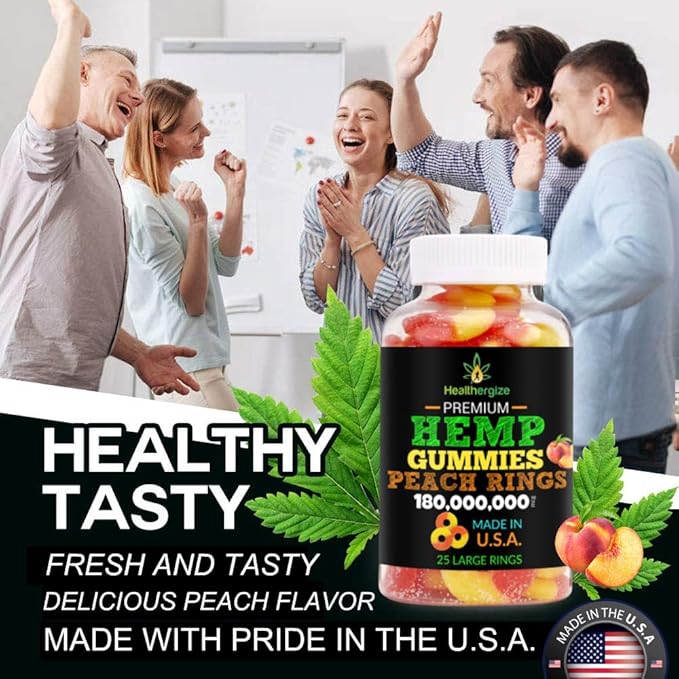 3PACK Hemp Gummies Hemp Oil Fresh Peach Rings Hemp Gummy Candy-for Sleep Calm Peace and Chill-Natural Edibles Party-Made in USA