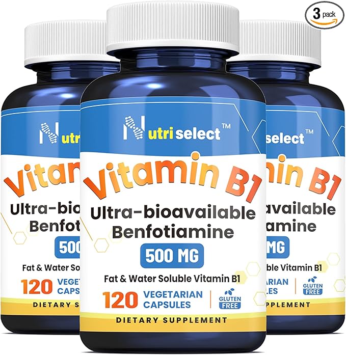 Vitamin B1 500mg 120 Caps Non-GMO &amp Vegan &amp Gluten-Free with Benfotiamine(3 Bottles)