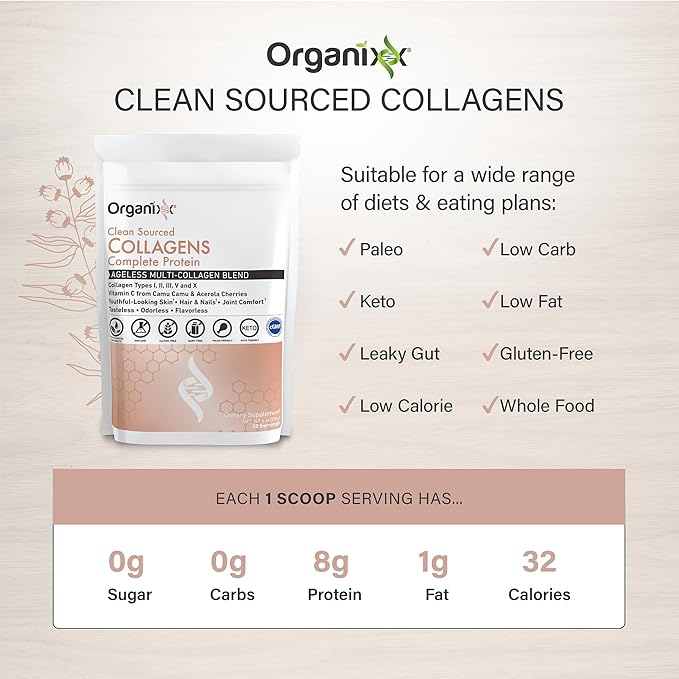 Organixx Clean Sourced Collagens (20 Serv) &amp Enzyme 17 (80 Caps) Bundle Hydrolyzed Collagen Protein Plus Digestive Enzymes with Tri-Phase Protease Supports Digestion Immunity &amp Joints Glut