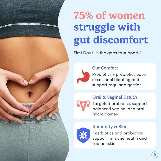 FIRST DAY Women’s Good Gut Tribiotic Gummies – 3-in-1 Prebiotic Probiotic &amp Postbiotic Supplement – Supports Immune Function and Digestive Oral Skin &amp Vaginal Health – 30-Day Supply