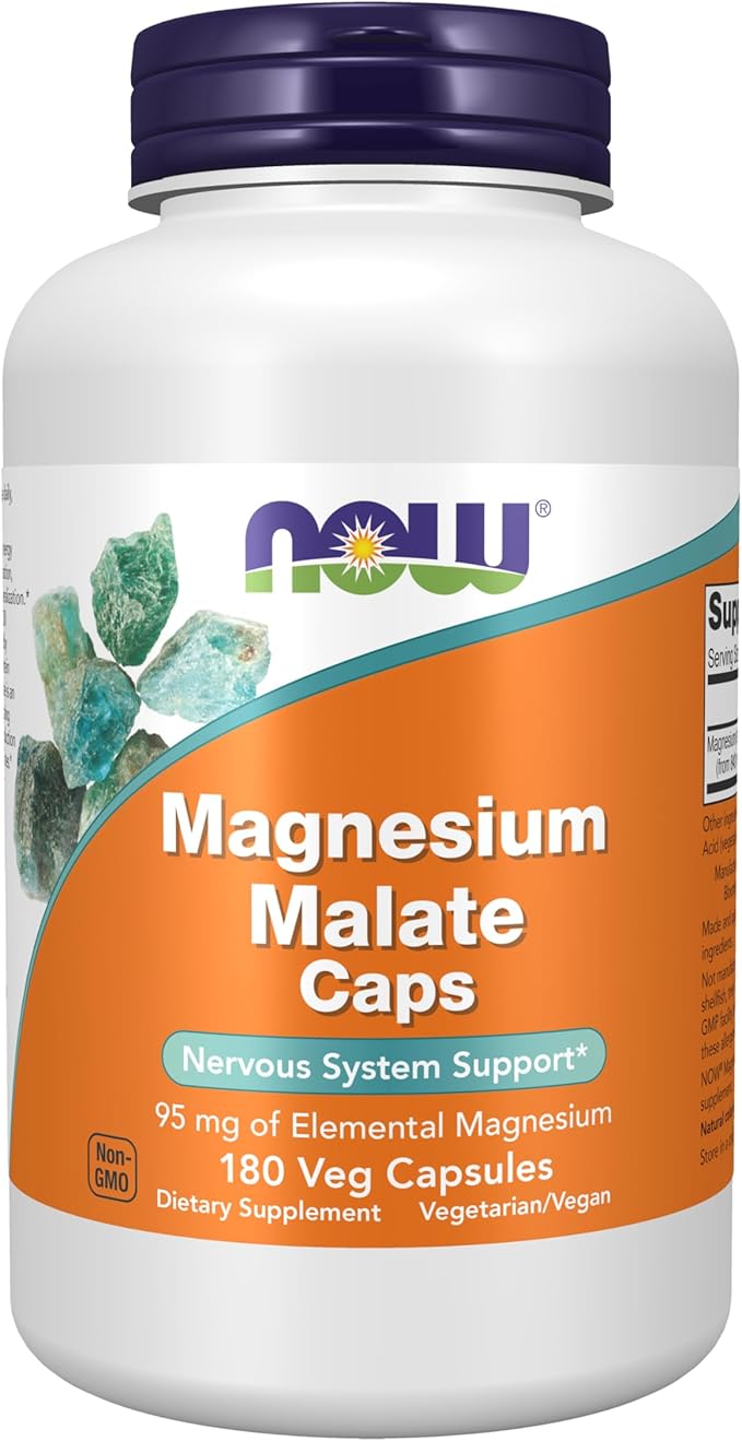 NOW Foods Supplements Magnesium Malate Caps with 95 mg of Elemental Magnesium Nervous System Support* 180 Veg Capsules