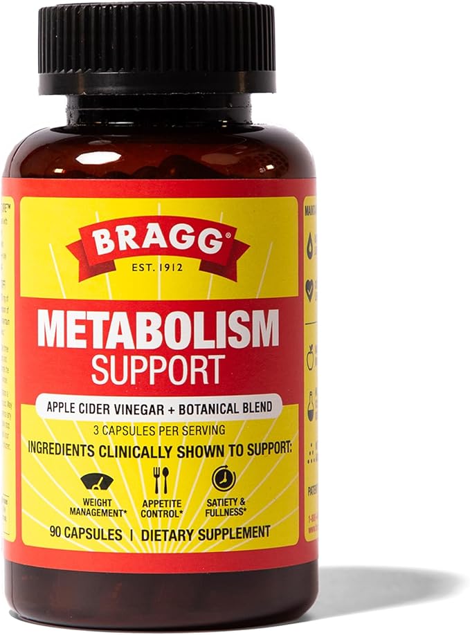 Bragg Metabolism Support Apple Cider Vinegar Capsules with Botanical Blend - 90 Capsules - Increased GLP-1 Support for Weight Management Appetite Control and Fullness