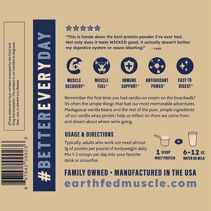 Earth Fed Muscle Whey Back Irish Grass Fed Whey Protein Isolate Third-Party Certified. 25g Protein Vanilla - Non-GMO Hormone Free Soy Free Gluten Free - 2 LB 29 Servings