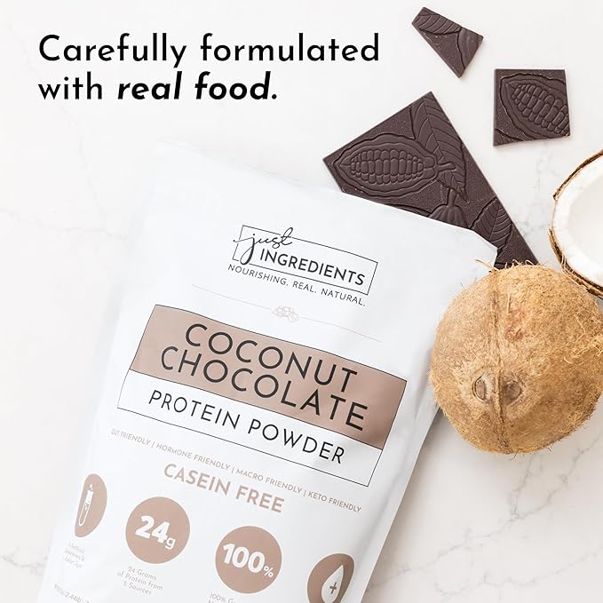 JUST INGREDIENTS Coconut Chocolate Protein Powder – 30-Serving Blend with 100% Grass-Fed Whey &amp Organic Plant Proteins – Creamy Coconut Cocoa Flavor – Supports Muscle Recovery Energy*