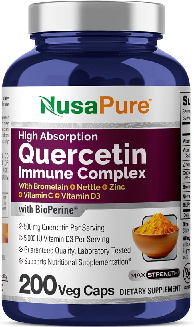 NusaPure Quercetin Complex: Bromelain Vitamin C Vitamin D3 Stinging Nettle Zinc | 200 Veggie Caps (Non-GMO Bioperine)