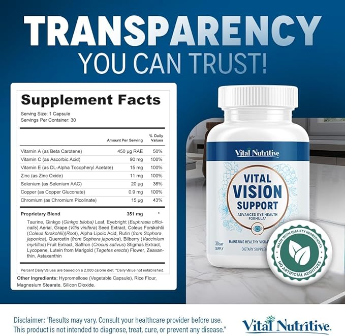 Vital Vision Support – Eye Health Supplement with Vitamin A Lutein Beta Carotene &amp Antioxidants – Eye Vitamins Support Hydration &amp Oxidative Stress -30 Days Serving