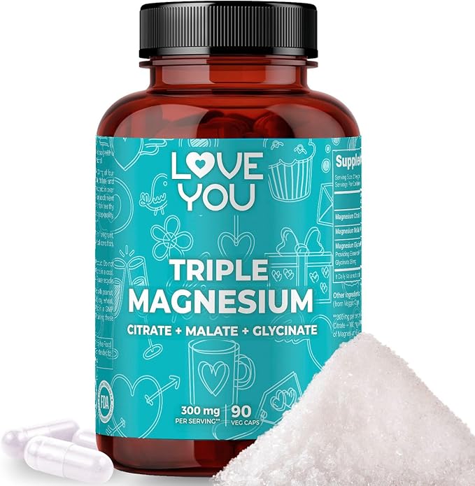 Love You Triple Magnesium Complex – 300mg per Serving Premium Magnesium Glycinate Citrate &amp Malate – High Absorption for Muscle Nerve &amp Sleep Support 90 Veggie Capsules
