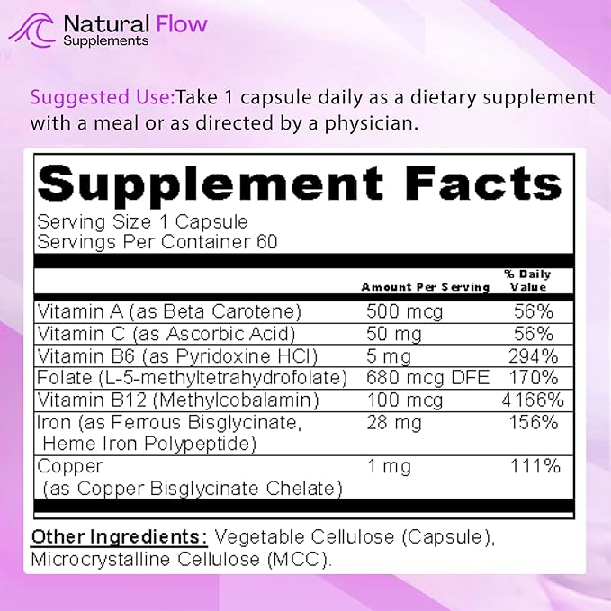 Iron Supplement 2-in-1 Complete Complex - Natural Flow 2X Heme and Chelated Non Heme Iron Bisglycinate Folate B and Vitamin C for Anemia and Blood Building Support Gentle on Stomach 60 Caps (60)