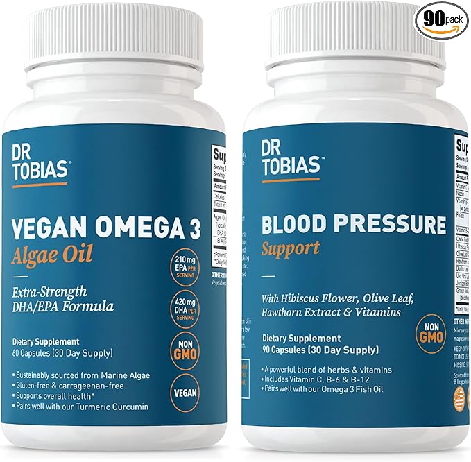 Dr. Tobias Vegan Omega 3 Algae Oil and Blood Pressure Support Supplement Supports Normal Circulatory Health Gut Immune Function and Overall Wellness Non-GMO