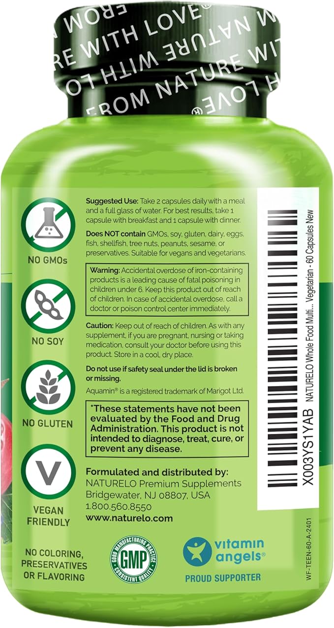 NATURELO Multivitamins for Teenage Girls/Boys 60 Capsules Whole Food Multivitamin with Minerals Non-GMO Vegetarian