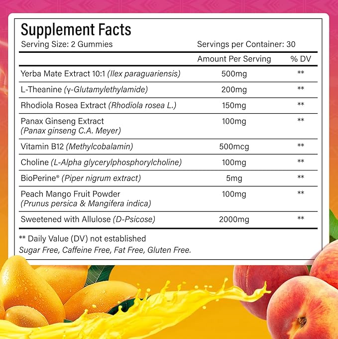 60 Yerba Mate Gummies - Formulated with L-Theanine Rhodiola Rosea Ginseng Choline B12 – Peach Mango Flavor – Vegan Gluten-Free Non-GMO