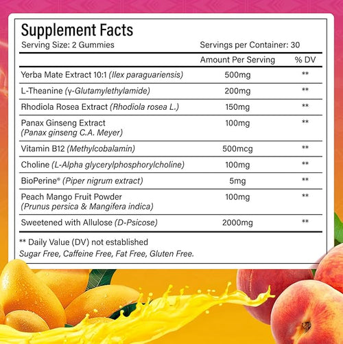 60 Yerba Mate Gummies - Formulated with L-Theanine Rhodiola Rosea Ginseng Choline B12 – Peach Mango Flavor – Vegan Gluten-Free Non-GMO