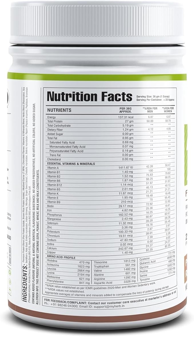 MYHERBS Plant Protein Powder | Pea and Brown Rice Protein Powder | Vegan High Protein Powder | 27 gm Protien21 Vital6 gm BCCAs | Sugar Free | for Men and Women | Chocolate Flavour (1 Kg)