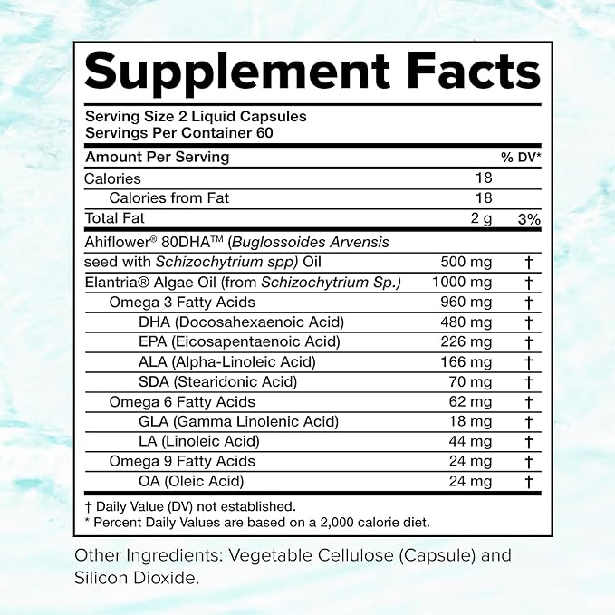 Complement Vegan Omega 3 Supplement- 960mg Omega-3 Fatty Acids DHA EPA SDA ALA Supplement - Immune Support- 60 Servings 120 Liquid Capsules