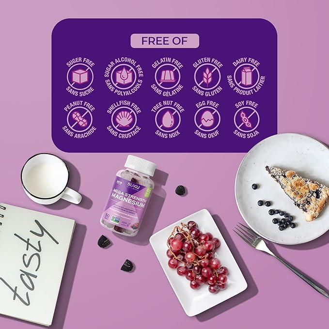SUKU Vitamins - Mega Strength Magnesium - 177 mg of Magnesium Bisglycinate Gummies for Muscle Function - Easy to Chew - Non GMO Gluten Sugar Free - Grape BlackBerry Flavored Gummy Vitamins (50 Count)