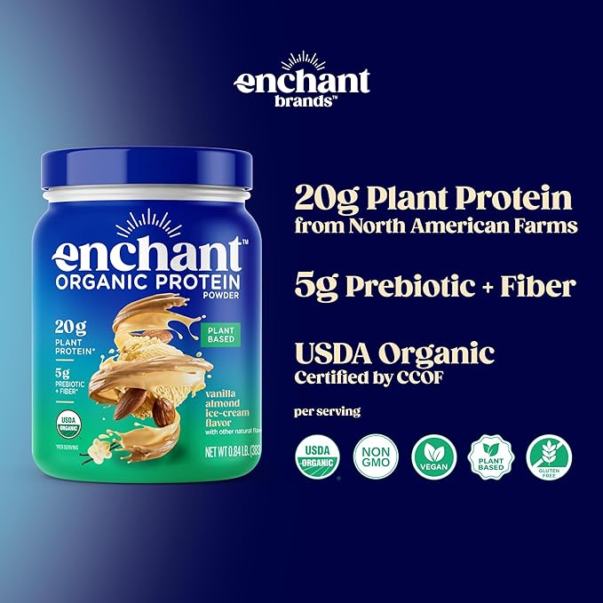 Enchant Organic Protein Powder Vanilla Almond flavor – 20g Plant Protein sourced from North American Farms 5g Prebiotic + fiber USDA Organic Non-GMO Plant-based Non-Dairy Vegan 0.84 lb