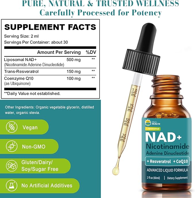 CoQ10 100mg Liposomal NAD+ 500mg Resveratrol 150mg Liquid Supplements for Women &amp Men- Boost Energy &amp Anti-Aging - Vegan Non-GMO Gluten Sugar-Free - 2 Fl Oz