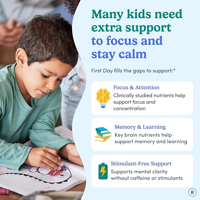 FIRST DAY Kids Focus &amp Brain Supplement Gummies Ages 4+ | Attention &amp Calm Support with Cognizin® Citicoline &amp Phosphatidylserine | Organic Vegan | 30-Day Supply