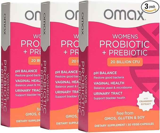 Omax3 Womens Probiotic + Prebiotic Cranberry &amp Chicory Root 20 Billion CFU 6 Clinically Proven Strains Vaginal pH UTI Bloating (Packaging May Vary) | 90 Vege Capsules (3 Boxes)