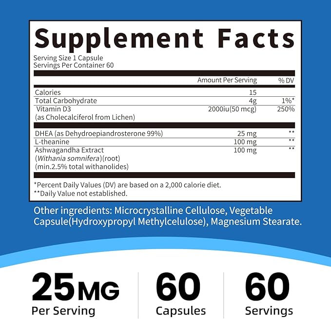 2 Pack DHEA Supplement for Women 40+ and Men Supports Hormones*Balance DHEA 25mg (Capsule-in-Capsule) with L-Theanine Ashwagandha Vegan Non-GMO Gluten-Free Soy-Free 60 Capsules