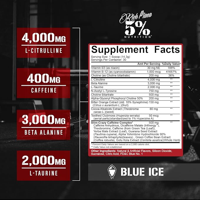 5% Nutrition Rich Piana 3-Stack | 5150 High-Stim Pre-Workout + FullAF Stim-Free Pre-Workout + AllDayYouMay Amino Acids BCAAs (Choose Your Flavors)
