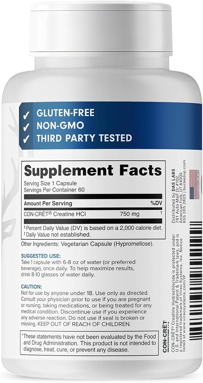 Bucked Up - Creatine HCL 750mg Serving - 60 Servings (60 Capsules)