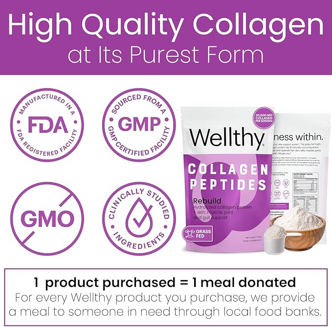 Wellthy Collagen Peptides Protein Powder - Grass Fed Hydrolyzed Collagen for Hair Growth Skin Nails Gut and Joint Support - 20000mg Collagen &amp 18g Protein | Unflavored (15 Servings)