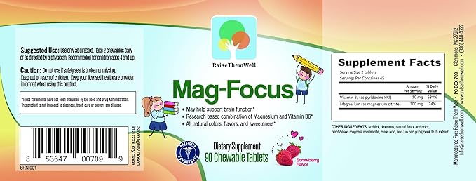 Raise Them Well Magnesium Focus Supplement for Kids | Natural Strawberry Flavored | 90 Chewable Tablets