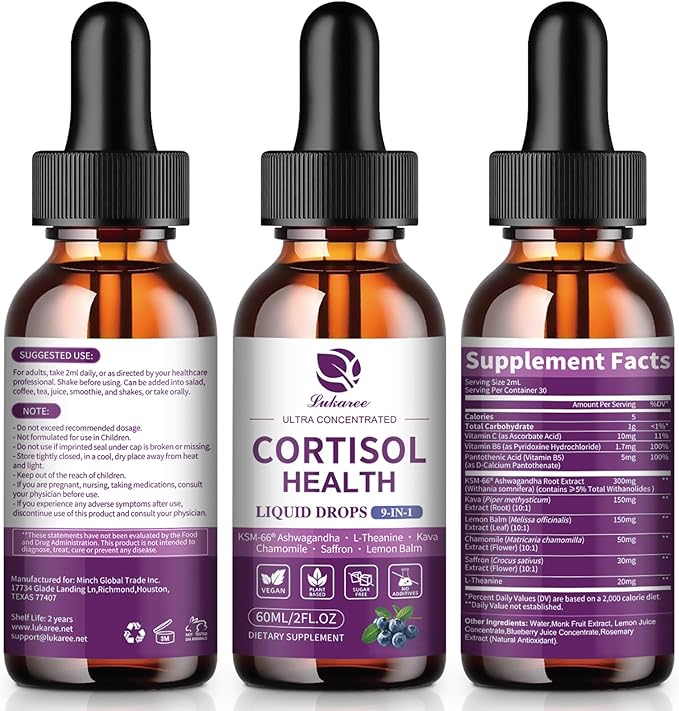 Cortisol Supplements for Women Cortisol Reducer Manager Detox with KSM-66® Ashwagandha Kava Lemon Balm &amp Vitamin C B5 B6 Lower Cortisol Hormone Harmony Liquid Drops 2 FL.OZ Blueberry Flavor