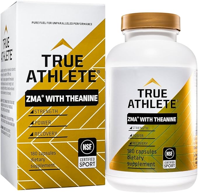 True Athlete ZMA + L Theanine Capsules Zinc Magnesium and Vitamin B6 Supplement for Active Men and Women Supports Recovery and Relaxation Gluten Free Sugar Free 180 Capsules