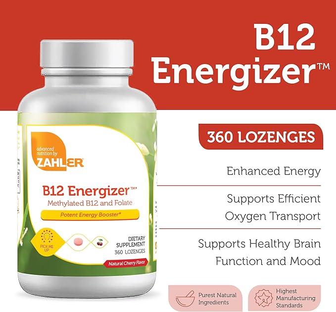 Zahler Energizer - Folate and B12 Supplement - Fast Dissolving Cherry Flavor Lozenges Dual Vitamin Methylated B12 &amp Folate Supplement with 1360 mcg Folic Acid (360 Count)