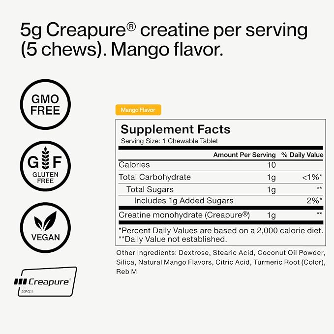 Momentous Creatine Chews - Creatine Monohydrate - Supports Strength Lean Muscle &amp Recovery for Men &amp Women - NSF Certified for Sport - 150 Chewable Tablets - Mango