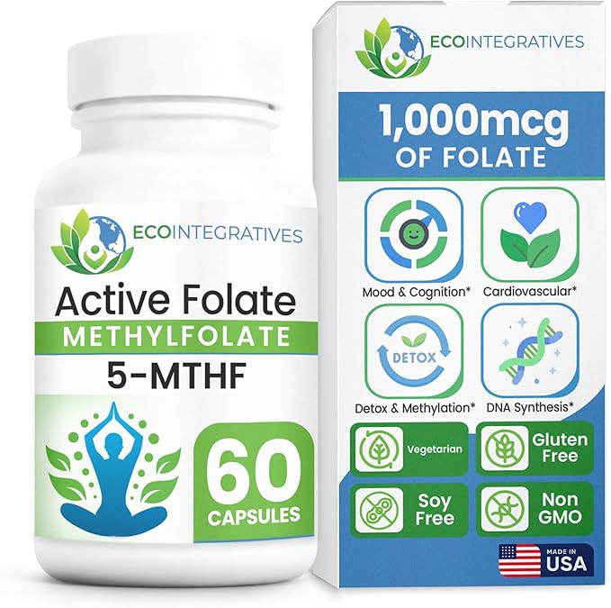 EcoIntegratives® Active Folate 5-MTHF – Methylated Folate 1000 mcg (1700 mcg DFE) – Bioavailable B9 for Mood Methylation Prenatal and Heart Health* – Vegan Gluten-Free Non-GMO – 60 Capsules