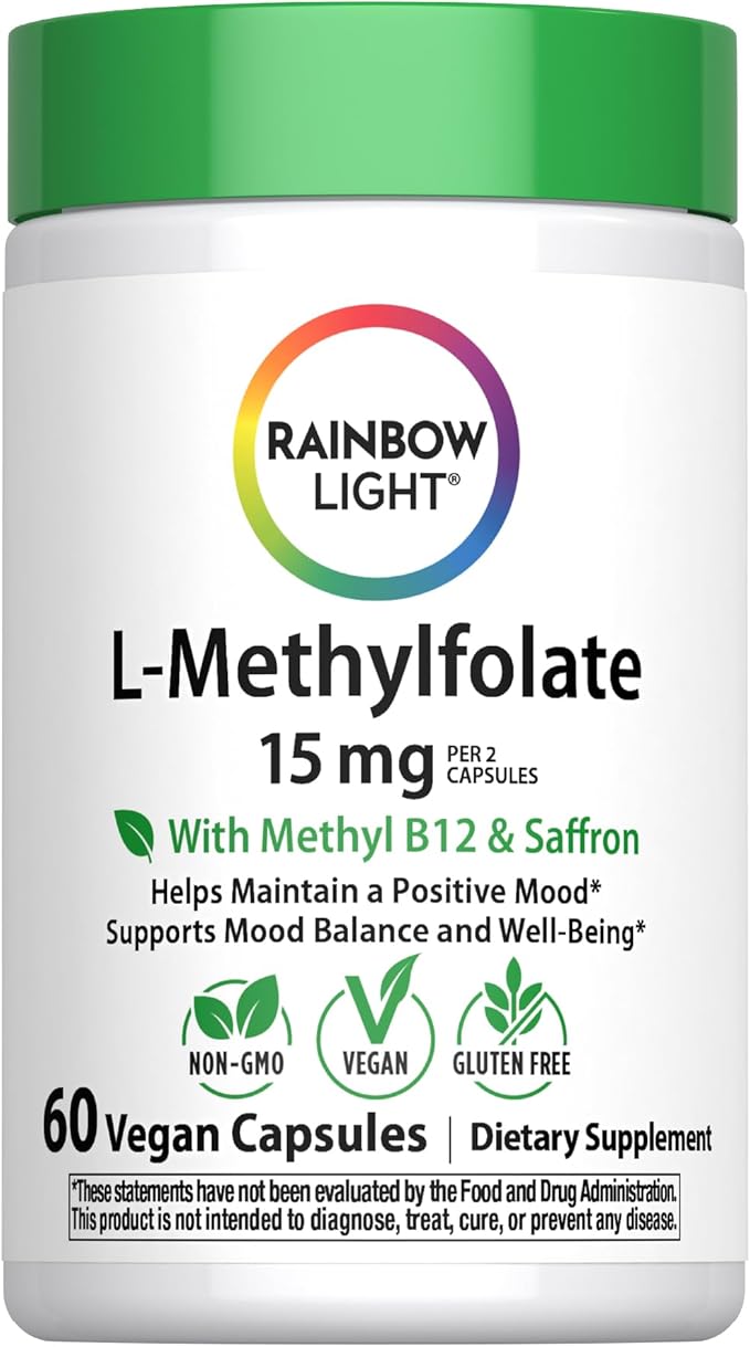 Rainbow Light L-Methylfolate 15 mg | 60 Capsules | with Methyl B12 &amp Saffron | Helps Maintain a Positive Mood | Vegan Non-GMO and Gluten Free Supplement