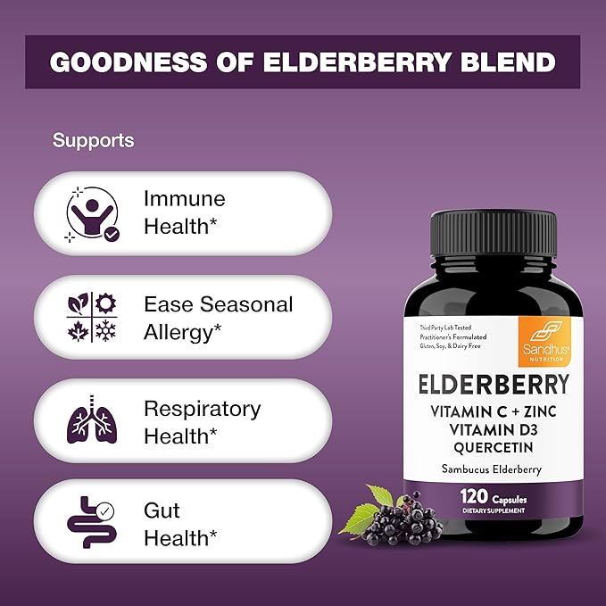 Elderberry Vitamin C and Zinc Capsules for Adults | 360 Count with Quercetin &amp Vitamin D3 | 6-in-1 Immune Support Supplement Pills | Sambucus Black Elderberry Natural Immunity Vitamins | Made in U